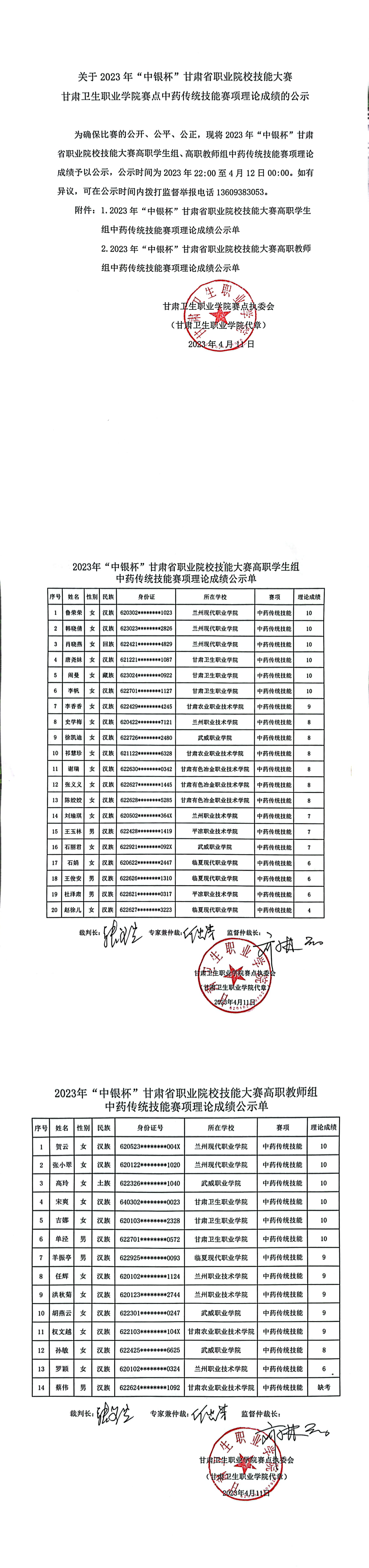 06关于2023年“中银杯”甘肃省职业院校技能大赛88038威尼斯检测中心赛点中药传统技能赛项理论成绩的公示_00.png